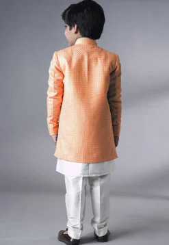 Embroidered Dupion Silk Kurta Set in Off White and Peach