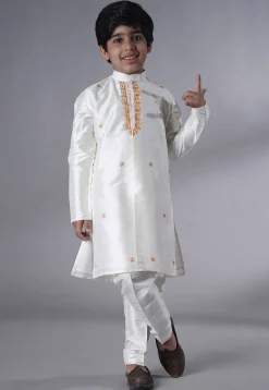 Embroidered Dupion Silk Kurta Set in Off White and Peach