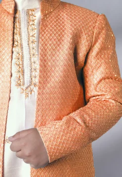 Embroidered Dupion Silk Kurta Set in Off White and Peach