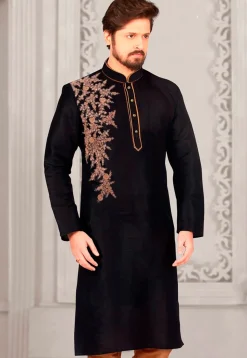 Embroidered Dupion Silk Kurta in Black