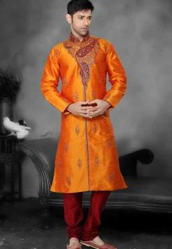 Embroidered Dupion Silk Kurta Churidar in Orange