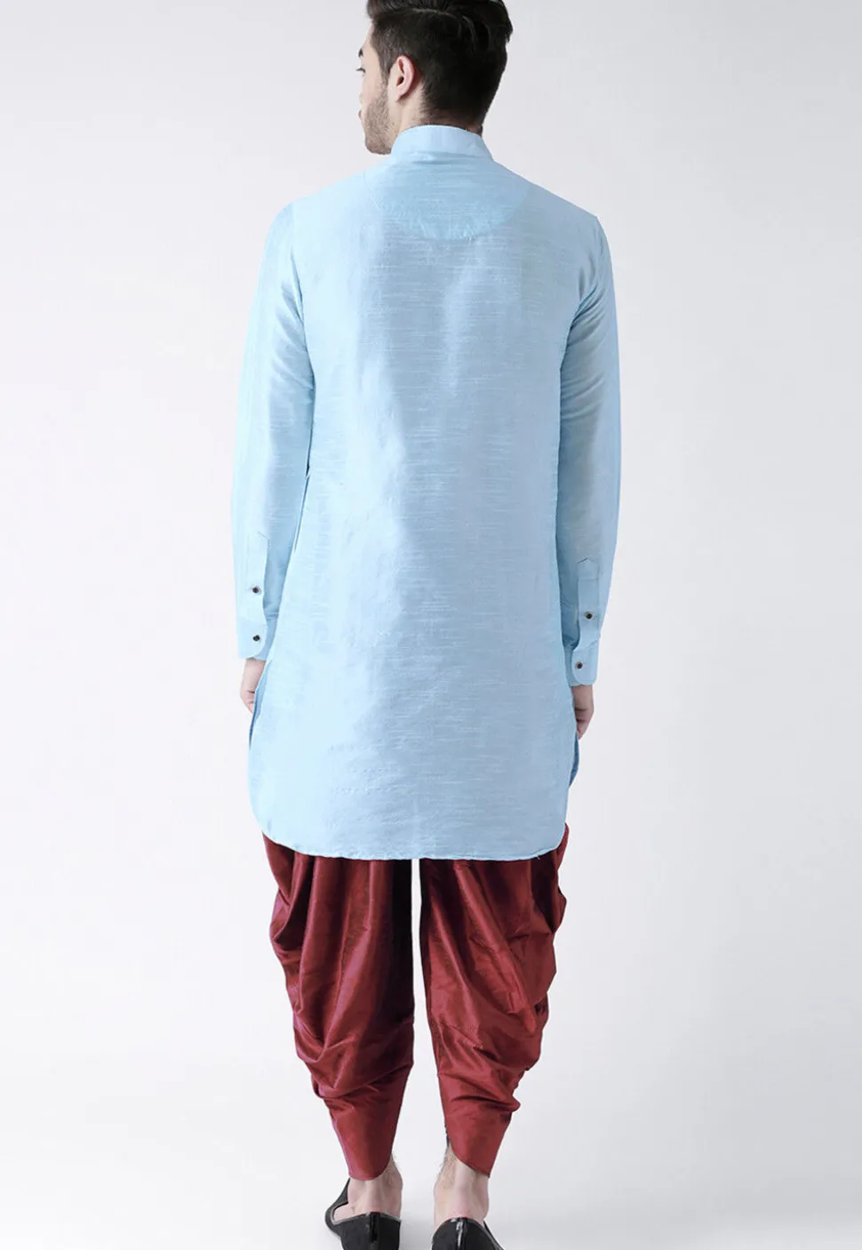 Embroidered Dupion Silk Kurta Set in Light Blue