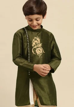 Embroidered Dupion Silk Kurta in Olive Green