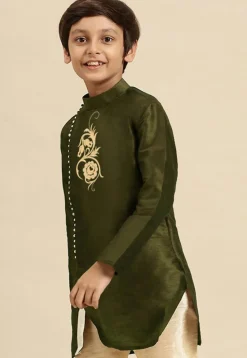 Embroidered Dupion Silk Kurta in Olive Green