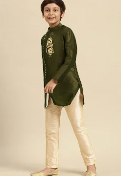 Embroidered Dupion Silk Kurta in Olive Green