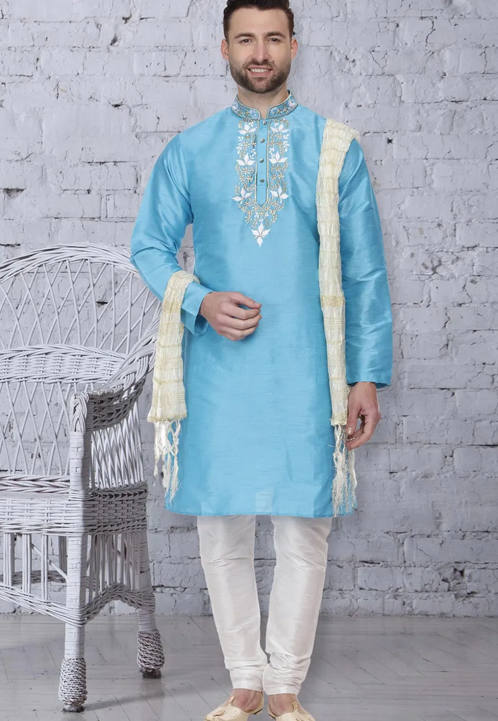 Embroidered Dupion Silk Kurta Set in Light Blue