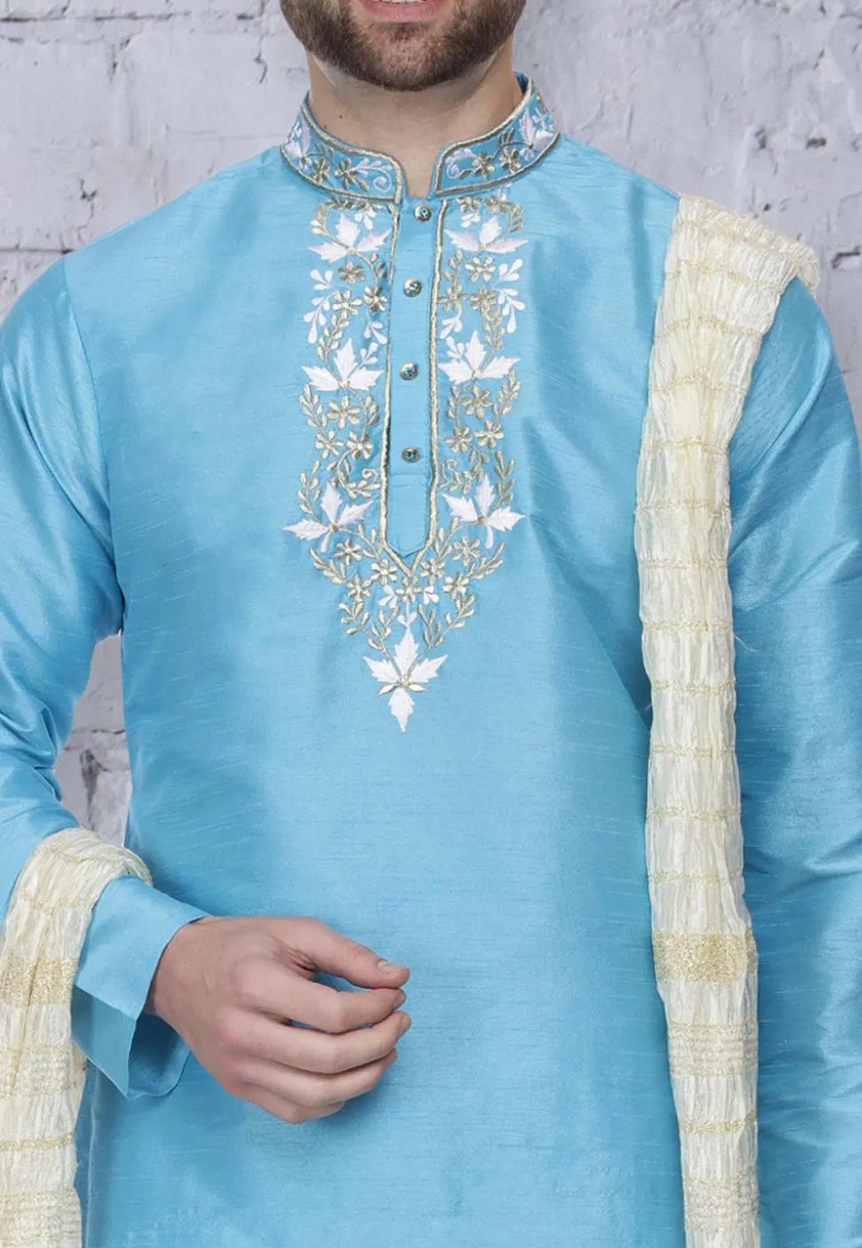 Embroidered Dupion Silk Kurta Set in Light Blue
