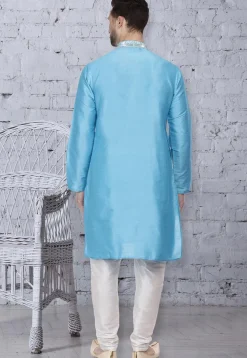 Embroidered Dupion Silk Kurta Set in Light Blue
