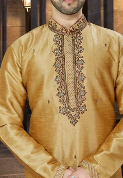 Embroidered Dupion Silk Kurta Pajama in Beige