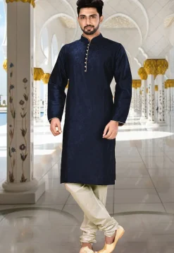 Embroidered Dupion Silk Kurta Set in Dark Navy Blue and White