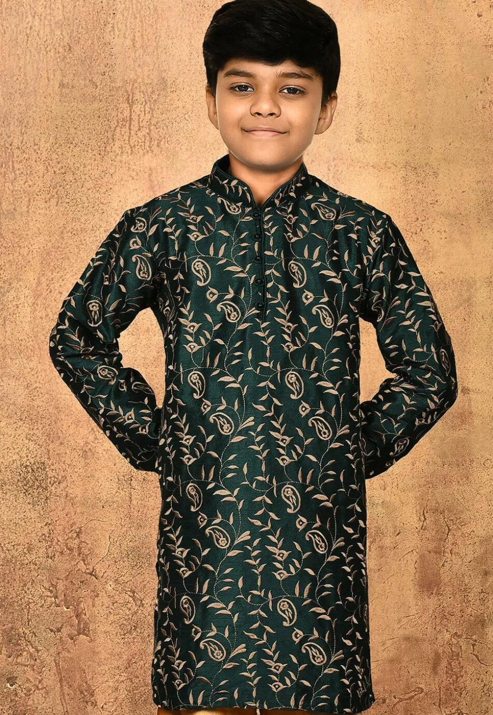 Embroidered Dupion Silk Kurta in Dark Green