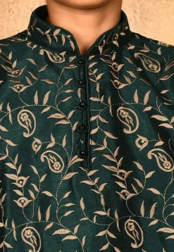 Embroidered Dupion Silk Kurta in Dark Green