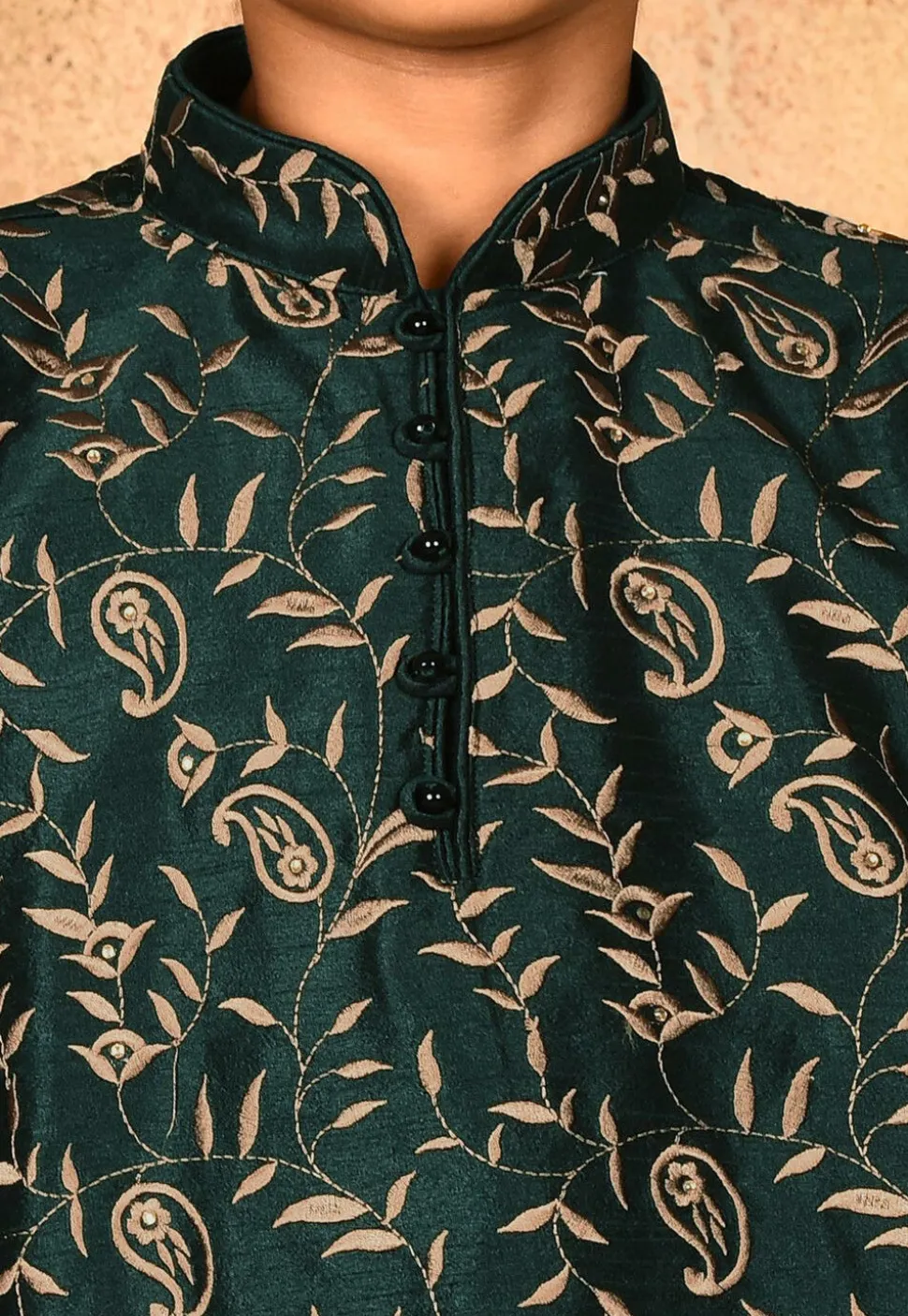 Embroidered Dupion Silk Kurta in Dark Green