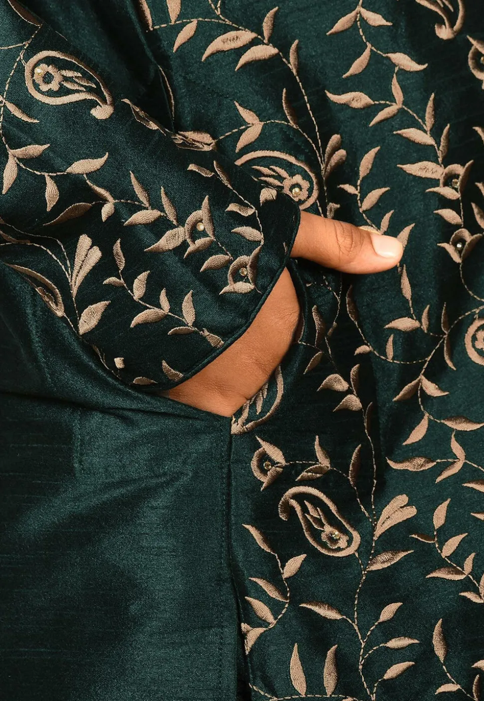 Embroidered Dupion Silk Kurta in Dark Green