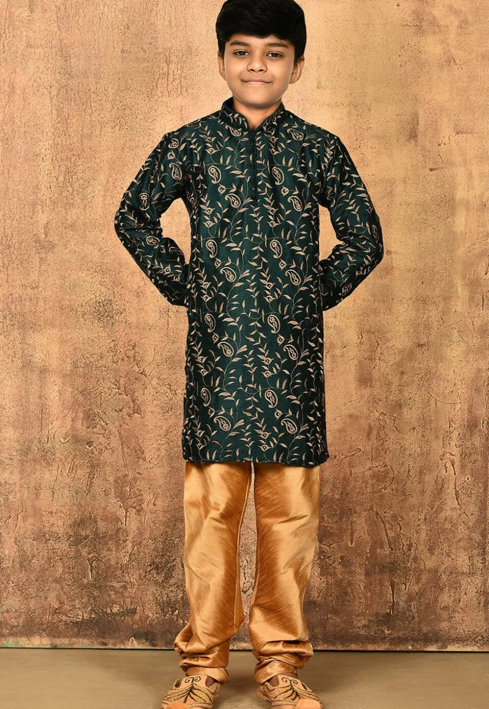 Embroidered Dupion Silk Kurta in Dark Green