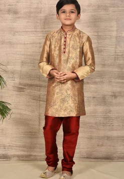 Embroidered Dupion Silk Kurta Set in Dark Beige