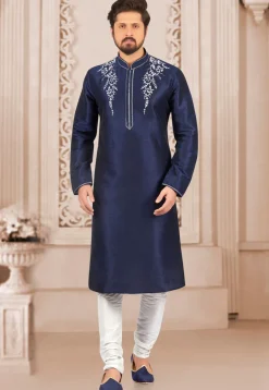 Embroidered Dupion Silk Kurta Set in Navy Blue