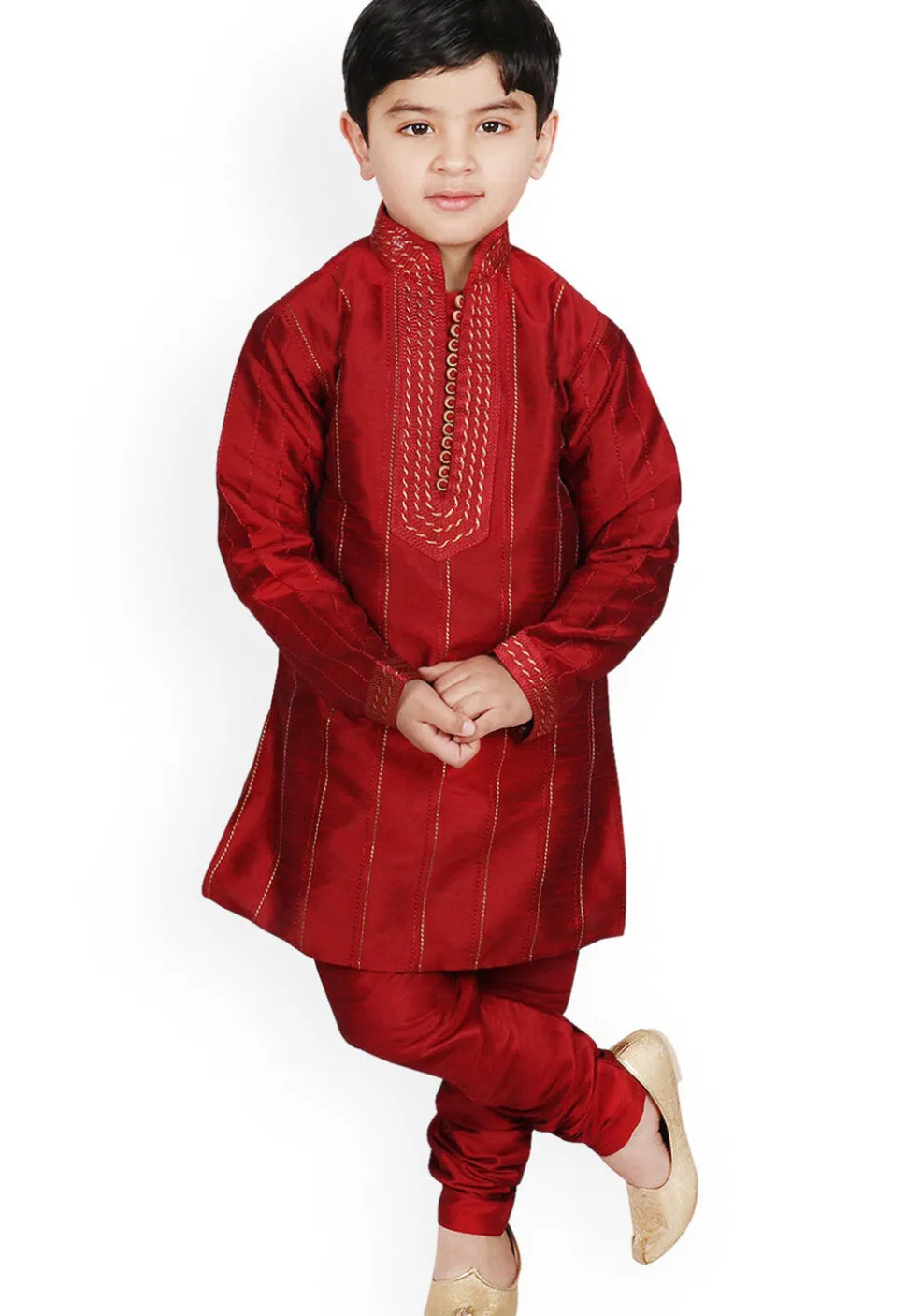 Embroidered Dupion Silk Kurta Set in Maroon