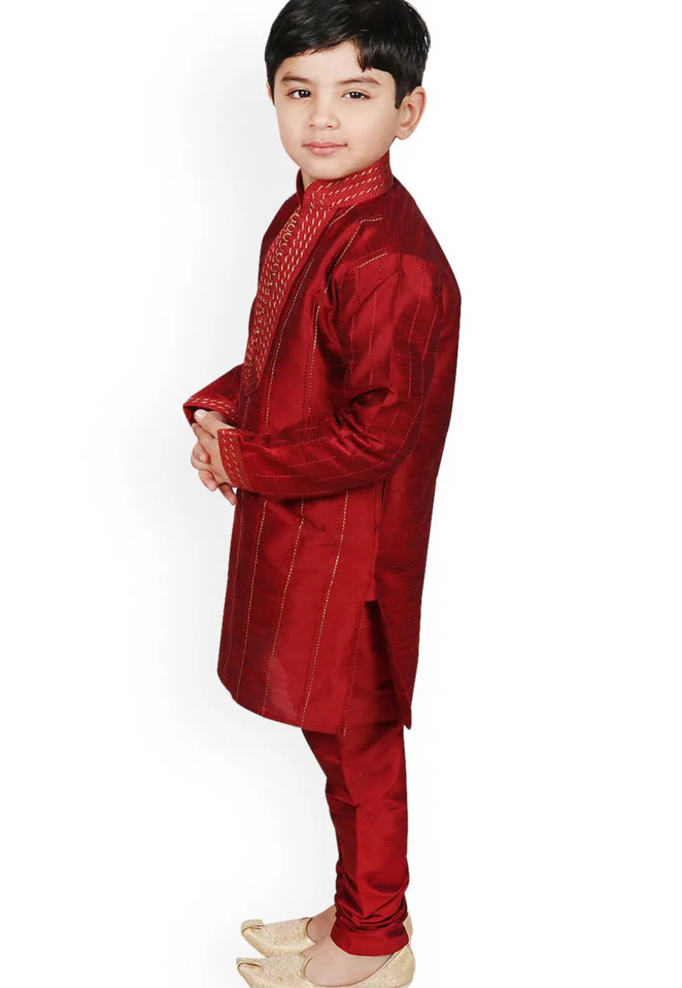 Embroidered Dupion Silk Kurta Set in Maroon