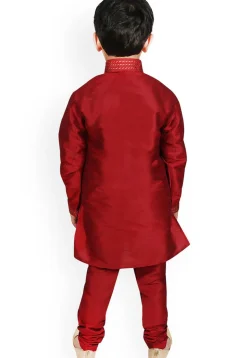 Embroidered Dupion Silk Kurta Set in Maroon