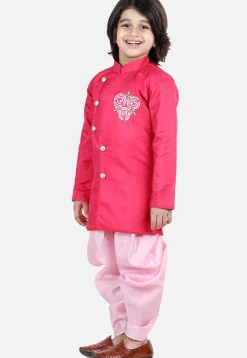 Embroidered Dupion Silk Kurta Set in Pink