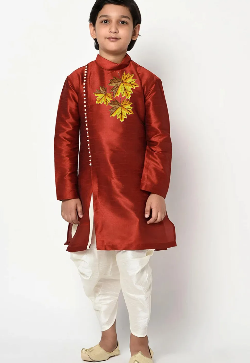 Embroidered Dupion Silk Kurta Set in Dark Orange
