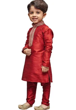 Embroidered Dupion Silk Kurta Set in Maroon