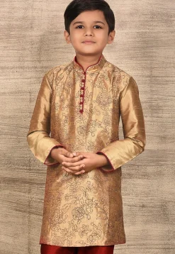 Embroidered Dupion Silk Kurta in Dark Beige