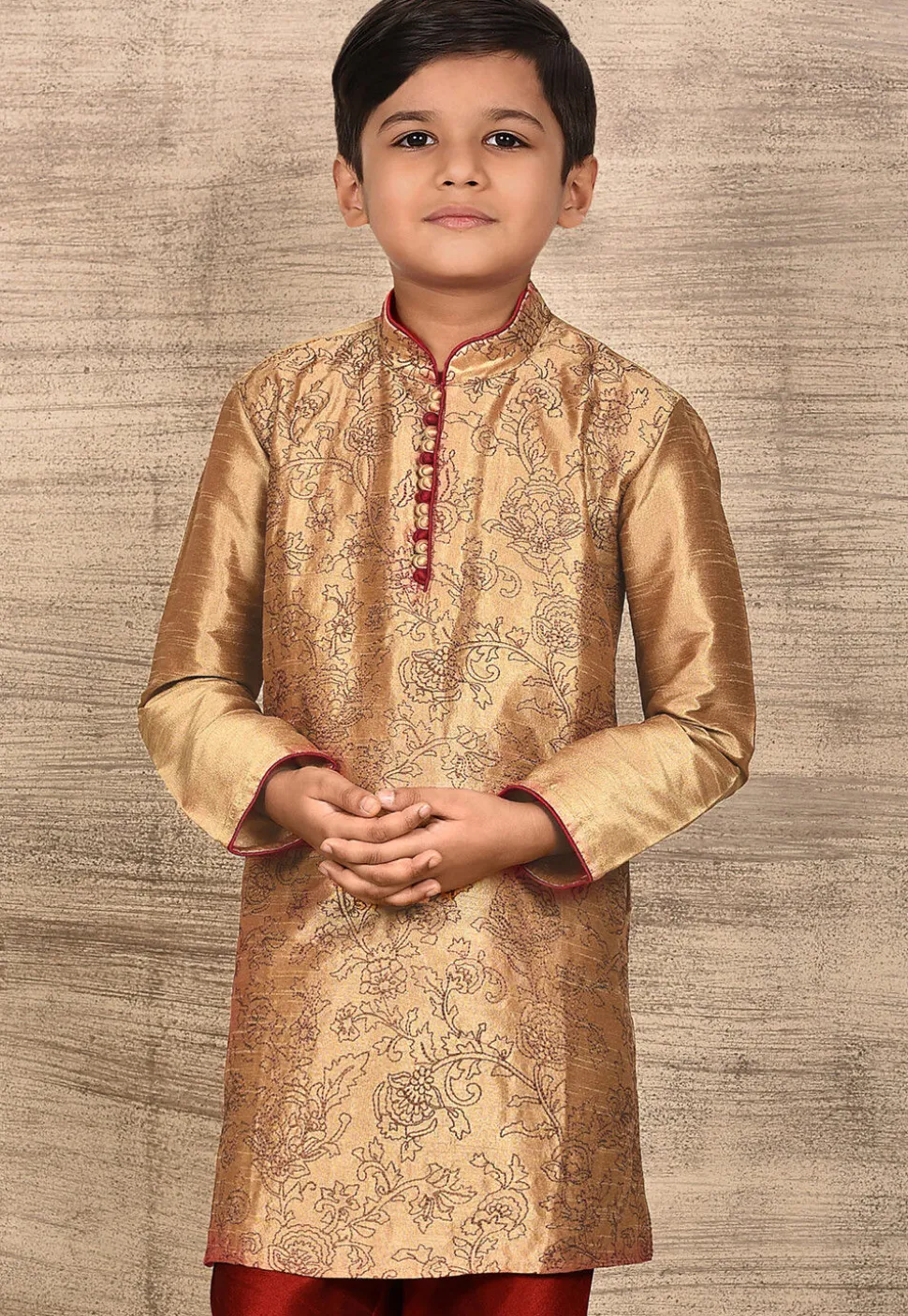 Embroidered Dupion Silk Kurta in Dark Beige