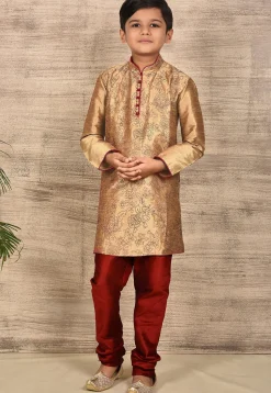 Embroidered Dupion Silk Kurta in Dark Beige