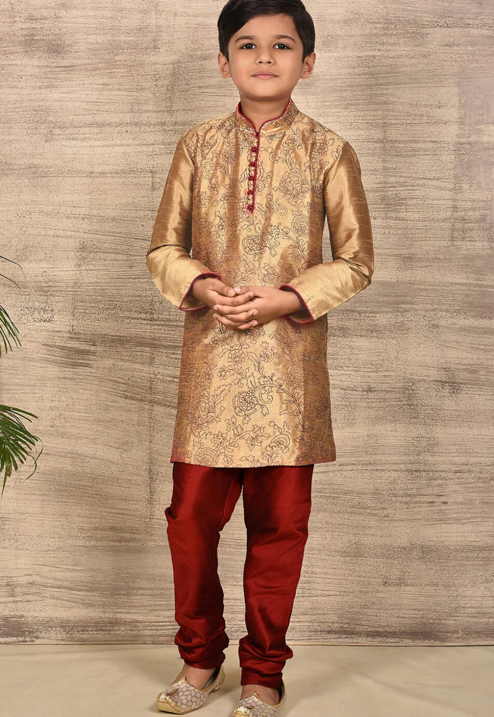 Embroidered Dupion Silk Kurta in Dark Beige