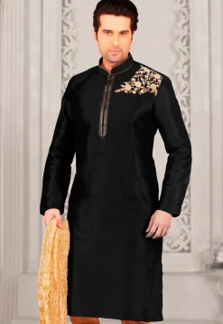 Embroidered Dupion Silk Kurta in Black