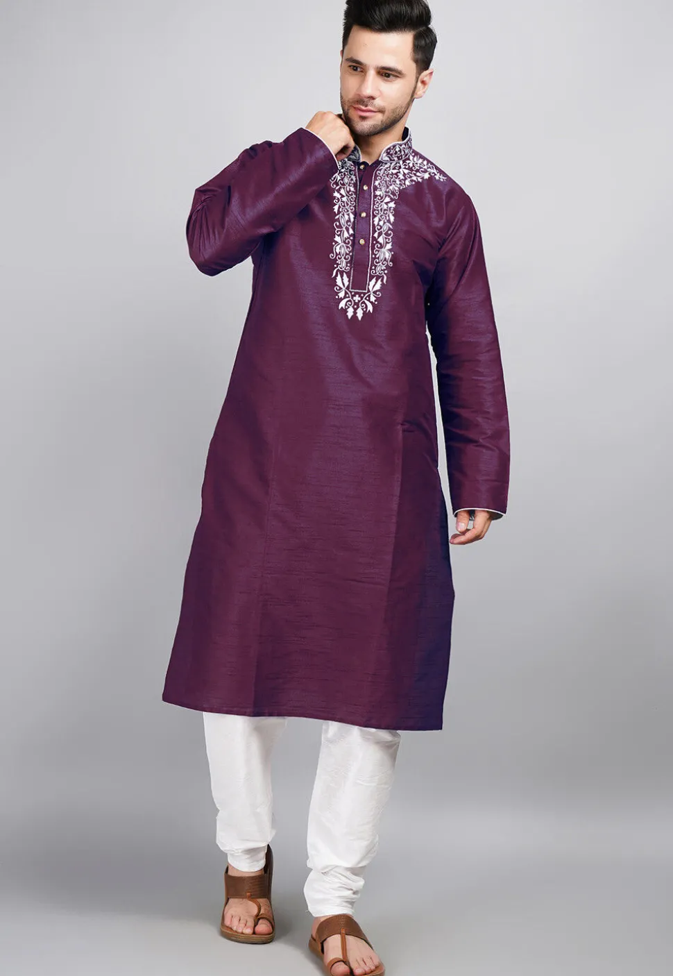 Embroidered Dupion Silk Kurta Set in Violet