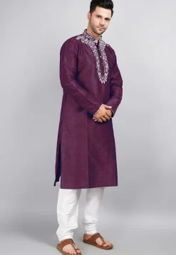 Embroidered Dupion Silk Kurta Set in Violet