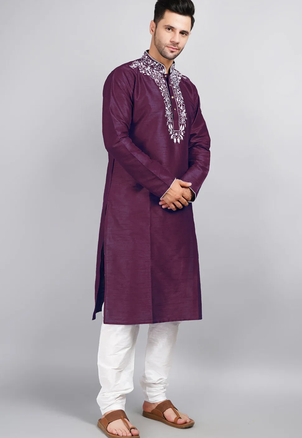 Embroidered Dupion Silk Kurta Set in Violet