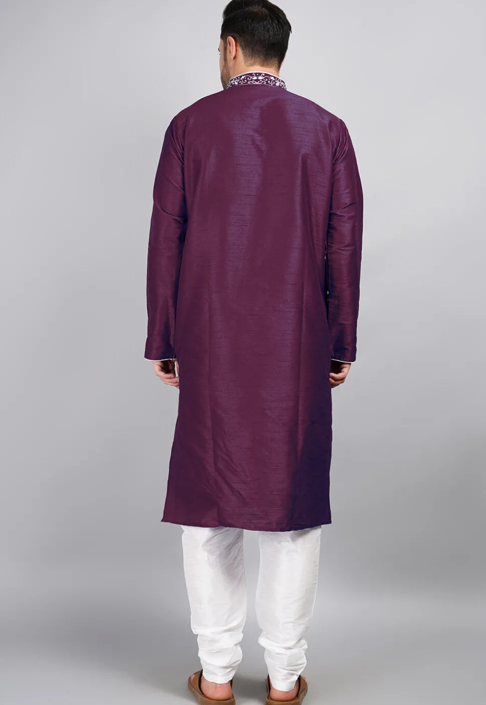 Embroidered Dupion Silk Kurta Set in Violet