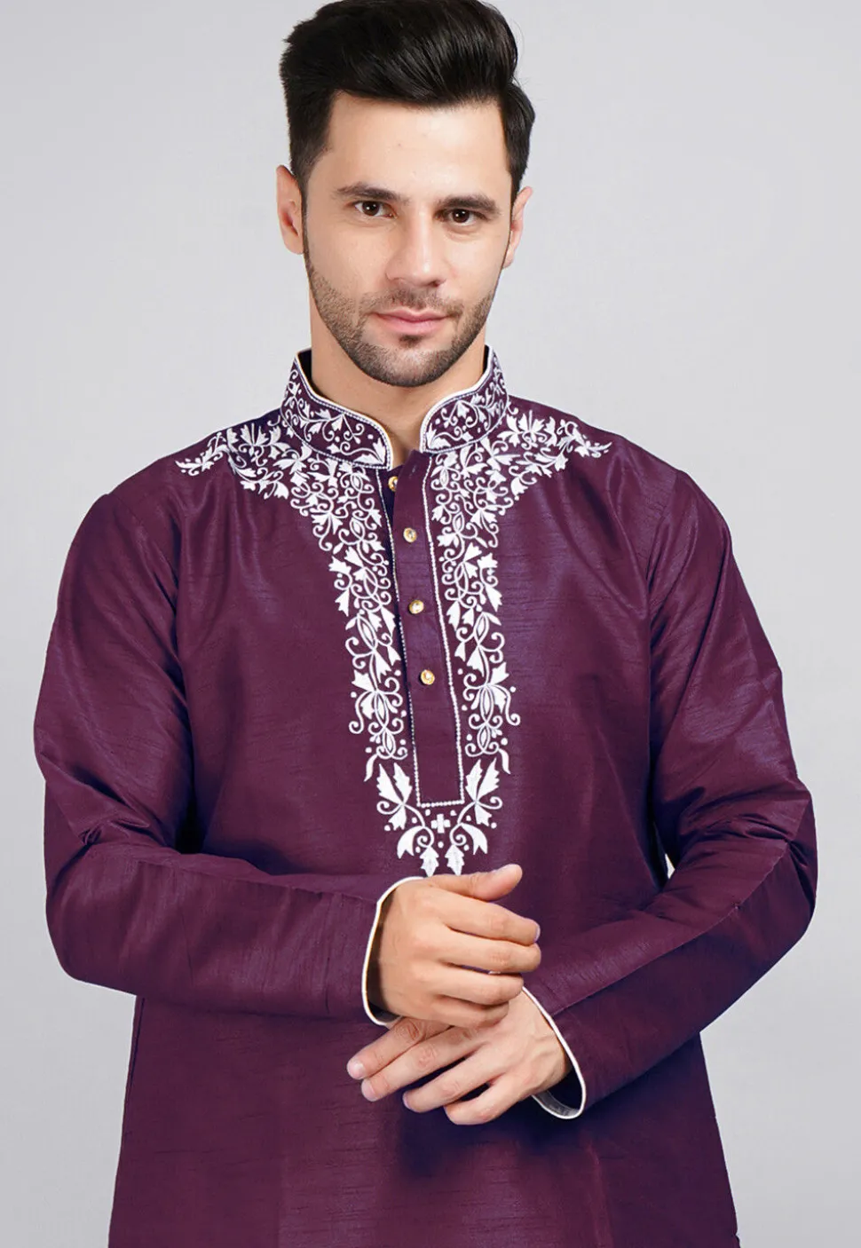 Embroidered Dupion Silk Kurta Set in Violet