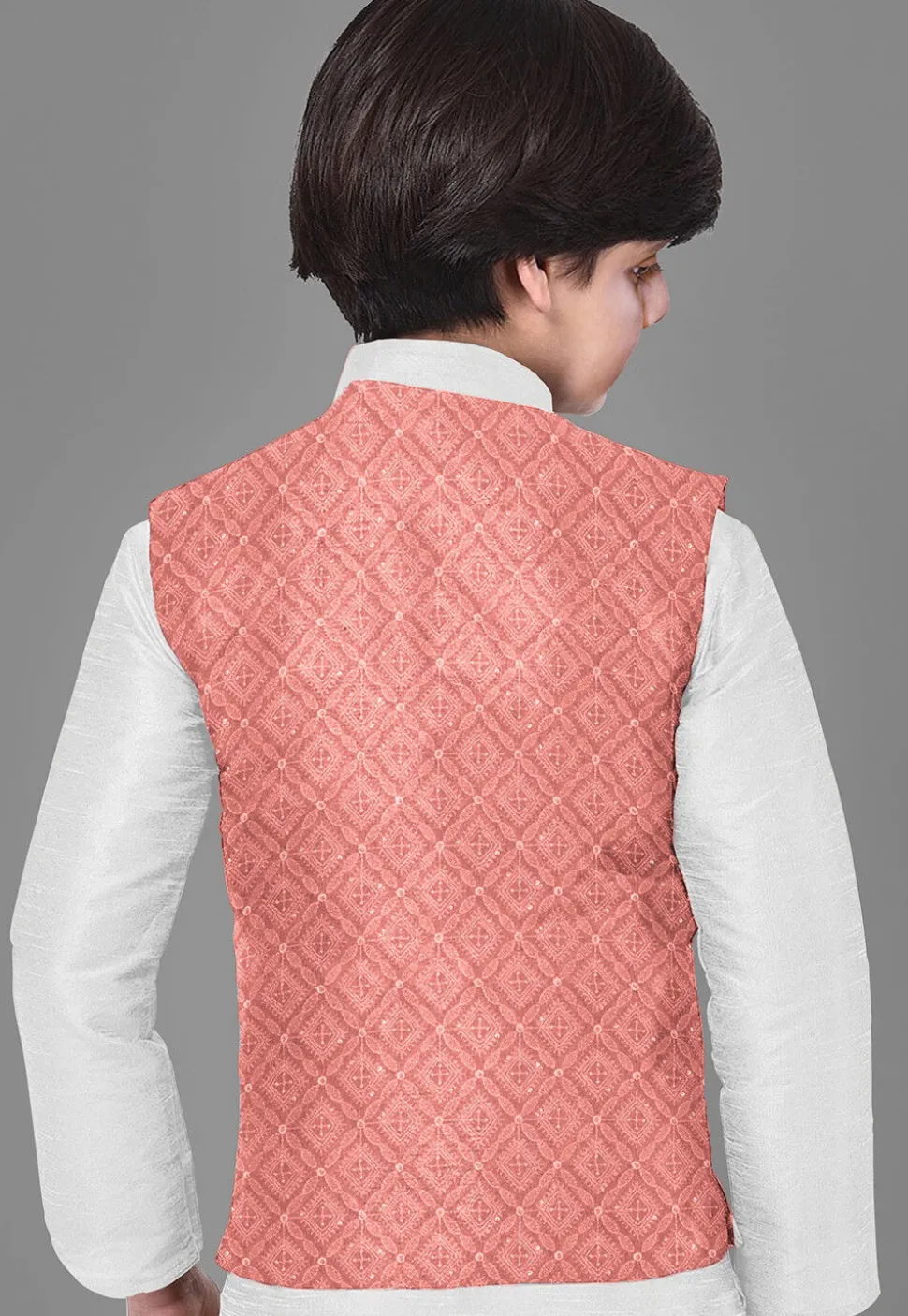 Embroidered Dupion Silk Kurta Set in Off White and Dark Peach