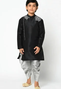 Embroidered Dupion Silk Kurta Set in Black