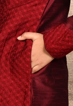 Embroidered Dupion Silk Kurta Set in Maroon
