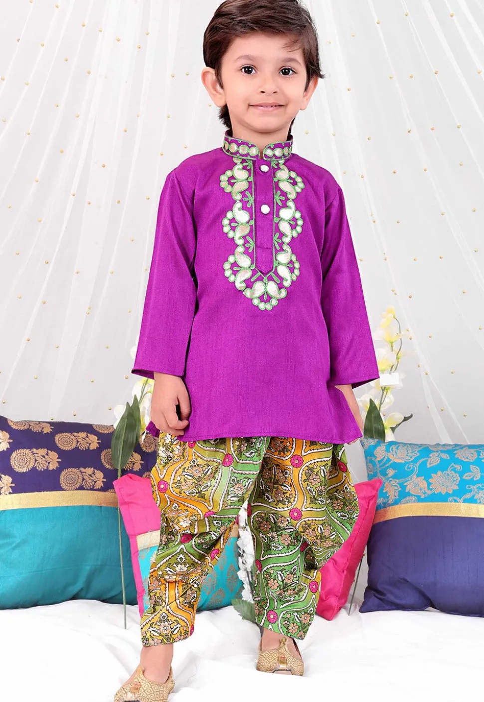 Embroidered Dupion Silk Kurta Set in Purple