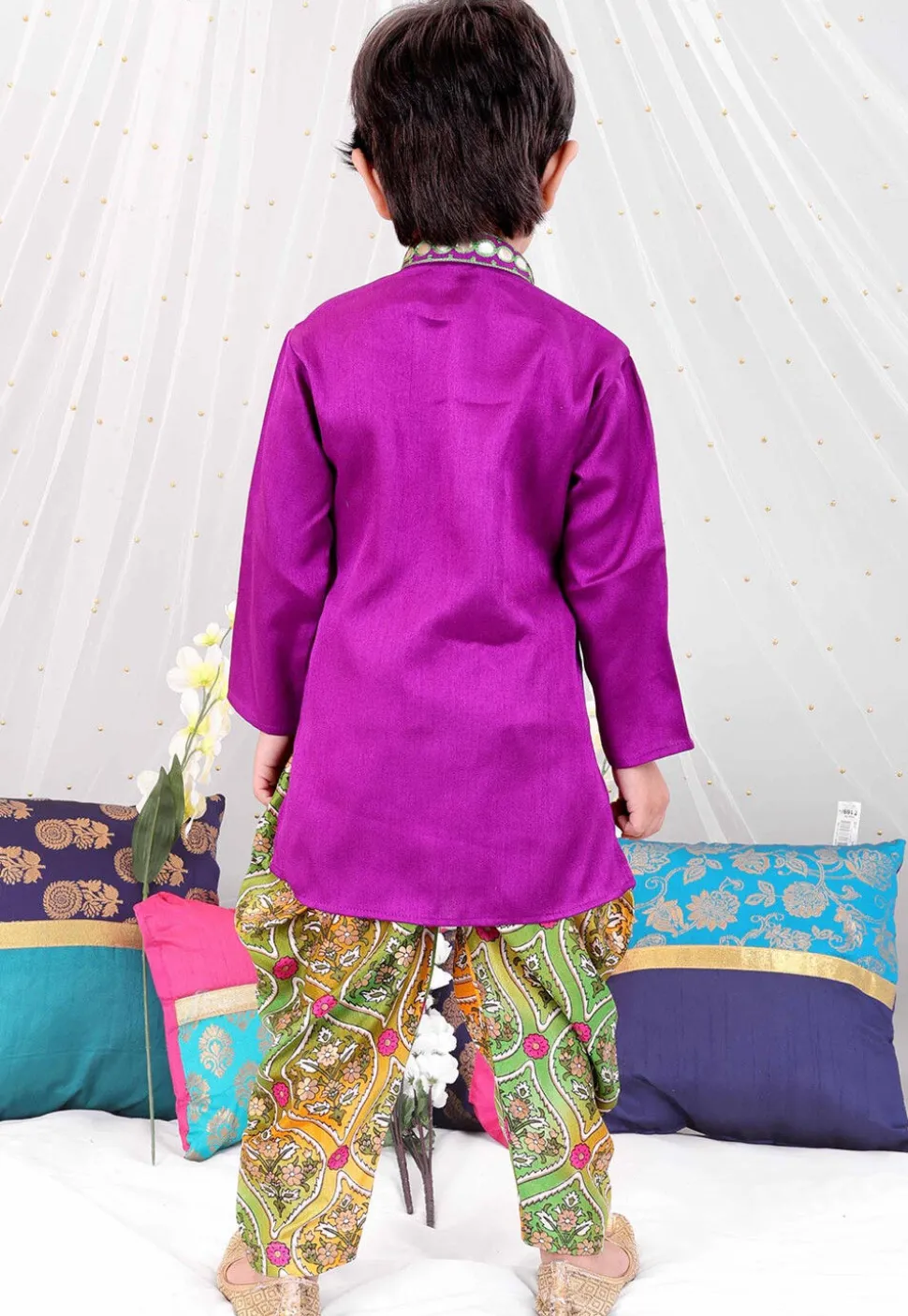 Embroidered Dupion Silk Kurta Set in Purple
