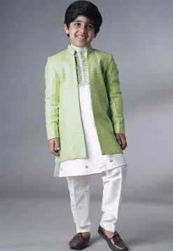 Embroidered Dupion Silk Kurta Set in Off White and Olive Green
