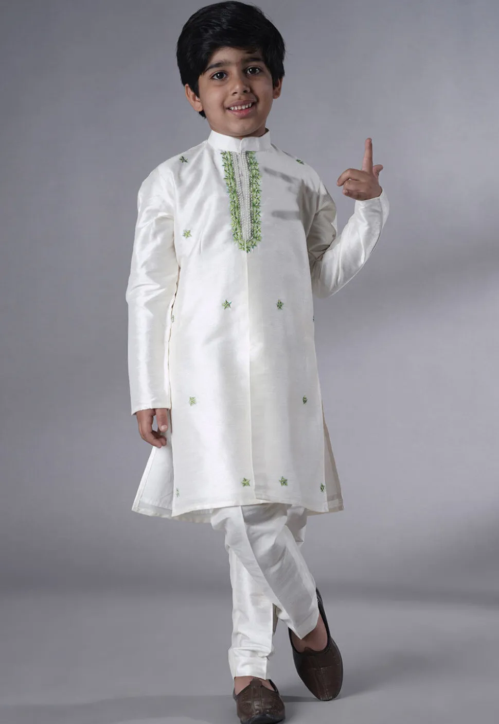 Embroidered Dupion Silk Kurta Set in Off White and Olive Green