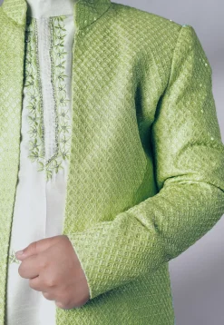 Embroidered Dupion Silk Kurta Set in Off White and Olive Green