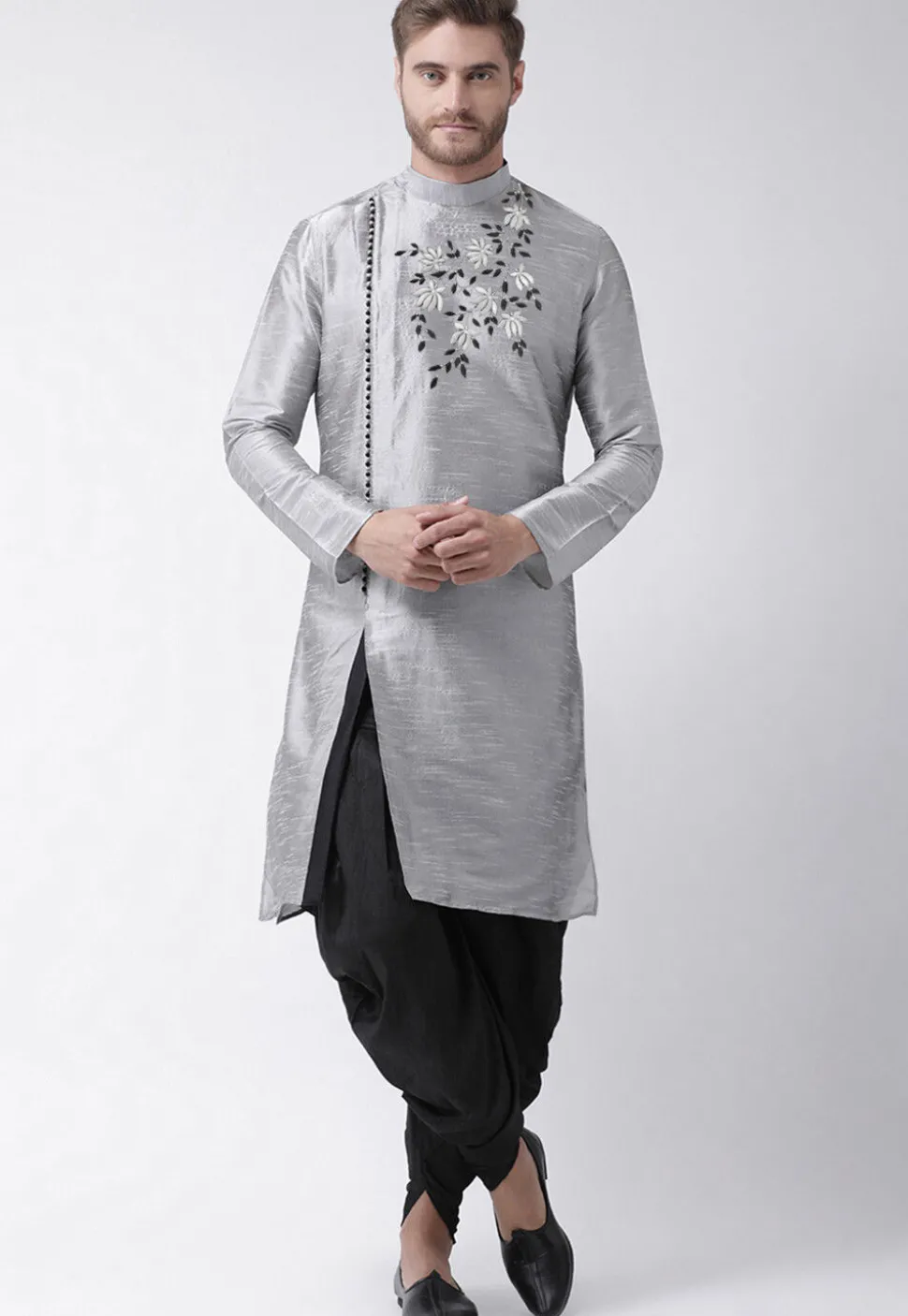 Embroidered Dupion Silk Kurta Set in Light Grey
