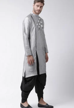 Embroidered Dupion Silk Kurta Set in Light Grey
