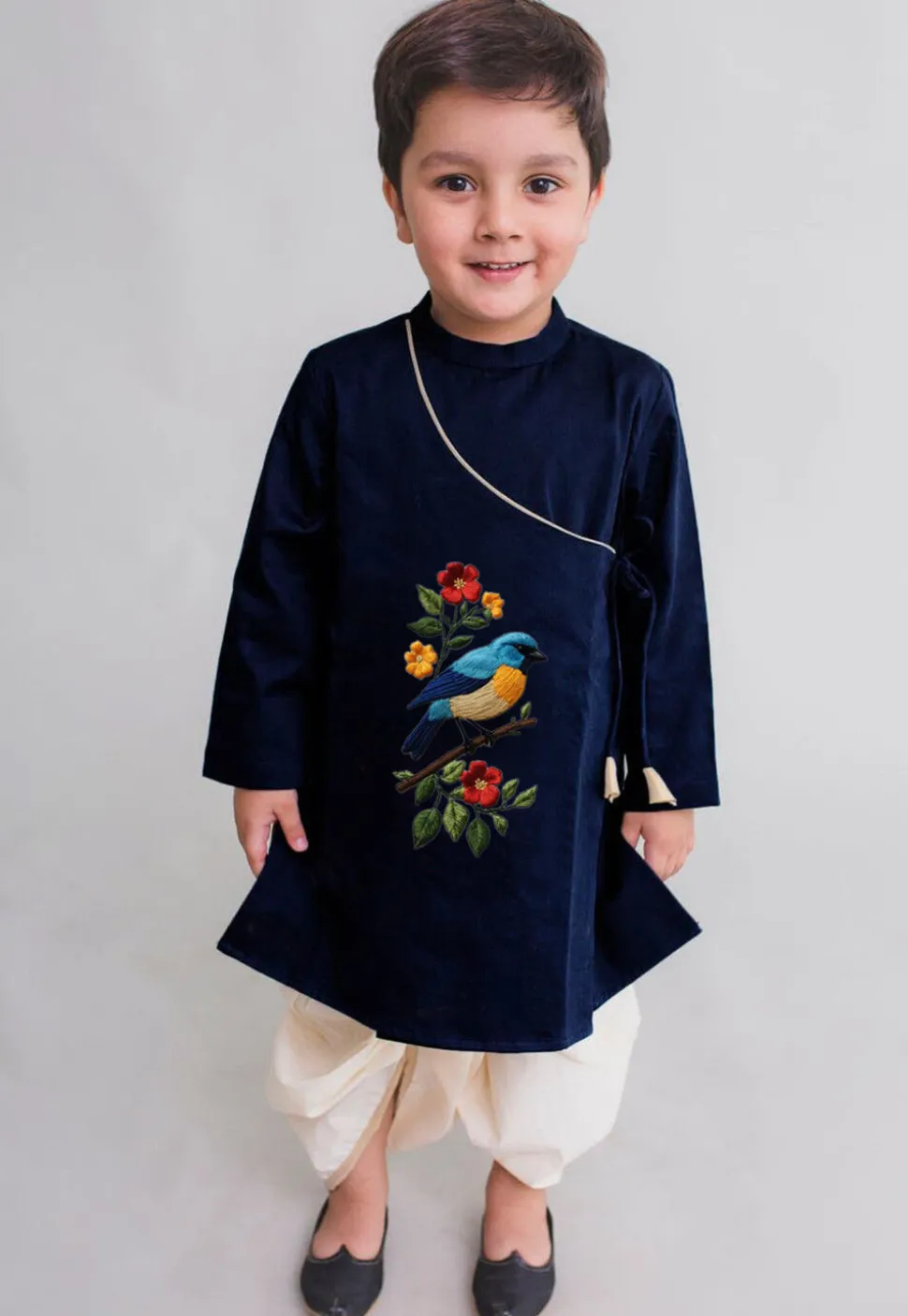 Embroidered Dupion Silk Kurta Set in Navy Blue