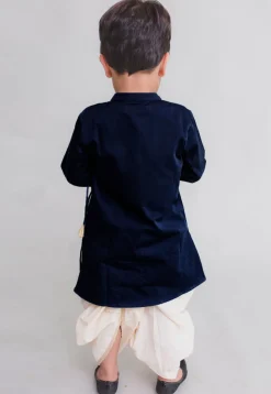 Embroidered Dupion Silk Kurta Set in Navy Blue