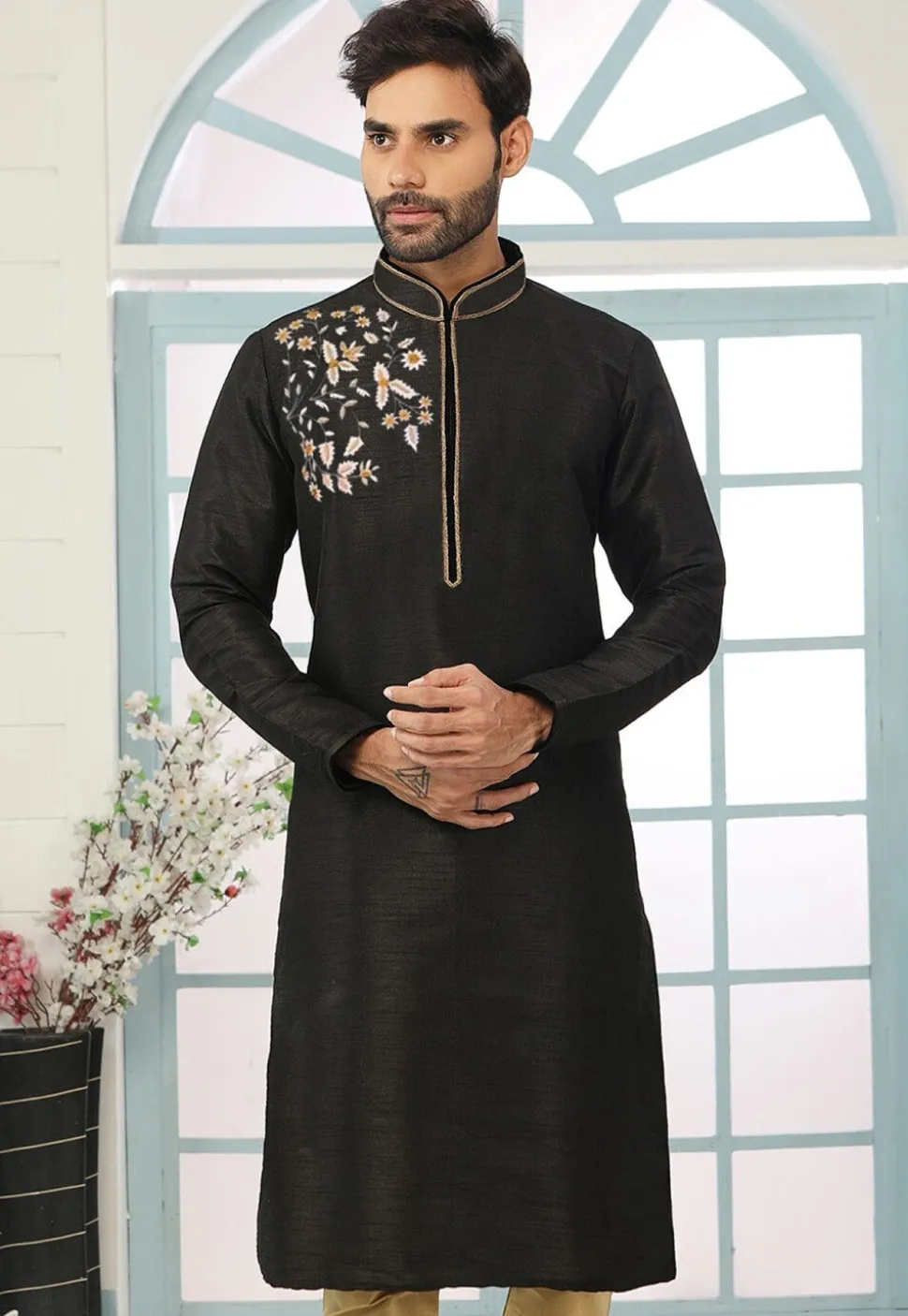 Embroidered Dupion Silk Kurta in Black